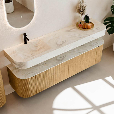 MONDIAZ THOR-DLUX 180cm meuble de salle de bains arrondi gauche + droite couleur Oak avec 2 tiroirs et 2 portes. Vasque suspendue CLOUD Gauche 1 trou de robinet couleur Ostra.