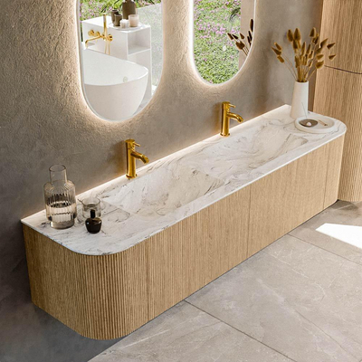 MONDIAZ KURVE-DLUX 180cm Meuble salle de bain avec module 25 G et D - couleur Oak - 2 tiroirs - 2 portes - vasque LEAF double - 2 trous de robinet - couleur Glace