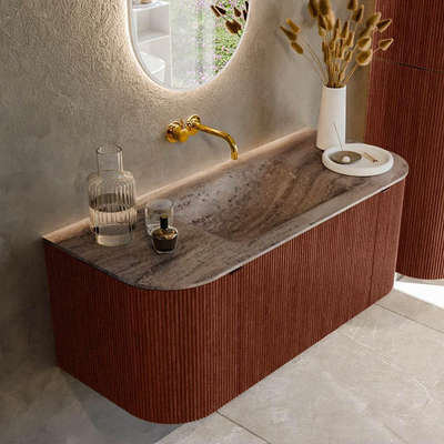 MONDIAZ KURVE-DLUX Meuble de salle de bains 110cm arrondi gauche + droite couleur Ruby avec 1 tiroir et 2 portes. Lavabo CLOUD central sans trou de robinet Oza.