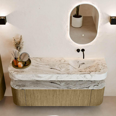 MONDIAZ THOR-DLUX 160cm meuble de salle de bains arrondi gauche + droite couleur Dusk avec 1 tiroir et 2 portes. Vasque suspendue CLOUD Droite sans trou de robinet couleur Glace.