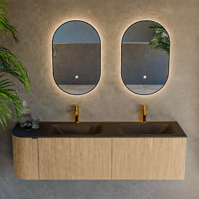 MONDIAZ KURVE Meuble de salle de bains 155cm avec module 25 L couleur Chêne avec 2 tiroirs et 1 porte. Lavabo CLOUD double / droite 2 trous de robinet Urban.