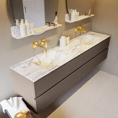 Mondiaz VICA-DLUX ensemble de meuble de salle de bain - 200cm - meuble sous-vasque fumée - 4 tiroirs - lavabo encastré nuage double - sans trous de robinet - version haute de 60cm - glace