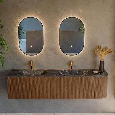 MONDIAZ KURVE-DLUX 175cm Meuble salle de bain avec module 25 D - couleur Walnut - 2 tiroirs - 1 porte - vasque STOR SMALL double / gauche - 2 trous de robinet - couleur Lava