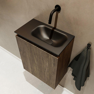 MONDIAZ TURE Fonteinset - 40x23x50cm - 0 kraangaten - 1 deur - dark brown mat - Wasbak rechts - Solid Surface Zwart