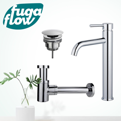 FugaFlow Eccelente Sobrado Kit mitigeur lavabo - robinet rehaussé - bonde non-obturable - siphon design bas - Chrome brillant