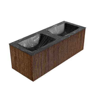 MONDIAZ KURVE-DLUX 120cm Meuble salle de bain - couleur Walnut - 1 tiroir - vasque LEAF double - 2 trous de robinet - couleur Lava