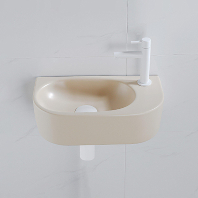 QeramiQ Fuente Ensemble de Lavabo - 40x21.5x12cm - droite - lisse - demi-rond - 1 trou de robinet - céramique - ensemble de robinet blanc mat - bouchon de vidange - siphon abaissé - beige