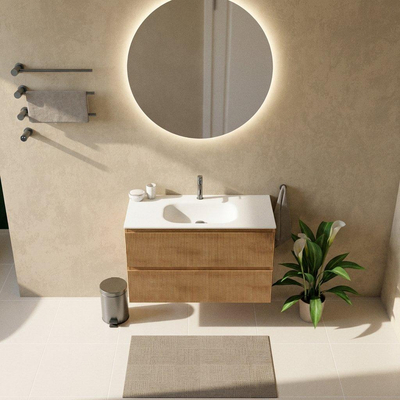 Saniclass Holz Atelier Ensemble de meuble de salle de bains - 100x45x61.5cm - lavabo Flow en solid surface blanc - 1 vasque - 1 trou de robinetterie - 2 tiroirs - chêne natural mat (bois)