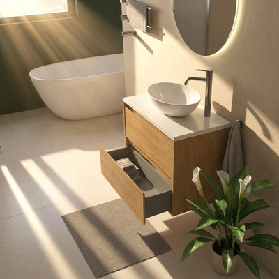 Saniclass Holz Pure Ensemble de meubles de salle de bains - 80x45x63cm - Plan vasque en marbre Dia poli (blanc) - 1 trou de robinet - 2 tiroirs - chêne natural mat (bois)