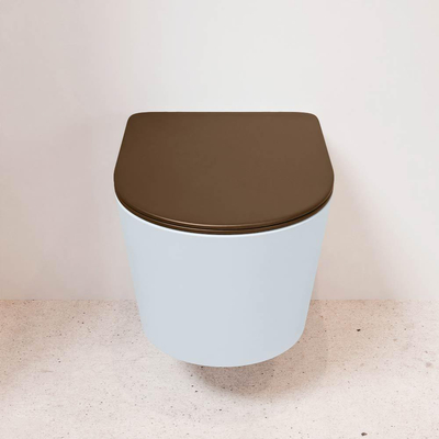 Mondiaz LAVIE hangtoilet – spoelrandloos – 36 x 53 cm – met softclose zitting – Clay (lichtblauw/grijs), zitting Rust (bruin)