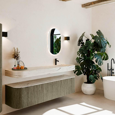 MONDIAZ THOR-DLUX Meuble de salle de bains 180cm arrondi gauche + droite couleur Shadow avec 2 tiroirs et 2 portes. Vasque suspendue CLOUD Droite 1 trou de robinet couleur Nata.