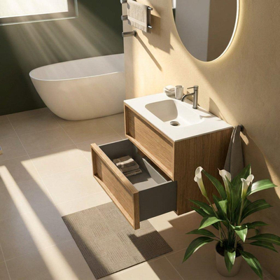 Saniclass Holz Frame Ensemble meuble de salle de bains - 80x45x61.5cm - Flow lavabo en solid surface blanc - 1 vasque - 1 trou de robinet - 2 tiroirs - chêne natural mat (bois)