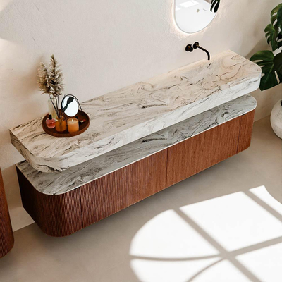 MONDIAZ THOR-DLUX 200cm meuble de salle de bains arrondi gauche + droite couleur Ruby avec 2 tiroirs et 2 portes. Vasque suspendue CLOUD Droite sans trou de robinet couleur Glace.