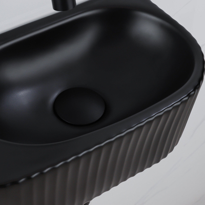 QeramiQ Fuente Ensemble de Lavabo - 40x21.5x12cm - strié - demi-rond - céramique - ensemble de robinet noir mat - bouchon de vidange - siphon abaissé - noir mat