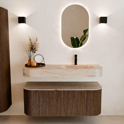 MONDIAZ THOR-DLUX 120cm meuble de salle de bains arrondi gauche + droite couleur Walnut avec 1 tiroir et 2 portes. Vasque suspendue CLOUD Droite 1 trou de robinet couleur Saba.