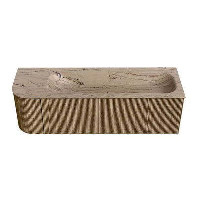 MONDIAZ KURVE-DLUX Meuble de salle de bains 145cm arrondi à gauche couleur Dusk avec 1 tiroir et 1 porte. Lavabo BIG LARGE à droite 2 trous de robinet Arena.