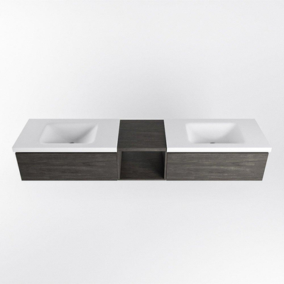 MONDIAZ BUKLA 200cm ensemble de meuble avec module ouvert 40 couleur Marron foncé avec 2 tiroirs. Lavabo CLOUD double 0 trous de robinet couleur Talc.