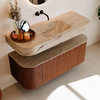 MONDIAZ THOR-DLUX 120cm meuble de salle de bains arrondi gauche + droite couleur Ruby avec 1 tiroir et 2 portes. Vasque suspendue CLOUD Milieu sans trou de robinet couleur Arena.