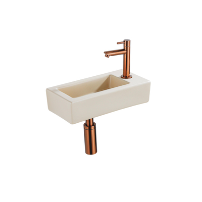 QeramiQ Fuente fonteinset – 37.5x18.5x9 cm – keramiek beige – kraangat rechts – geborsteld koperen kraan