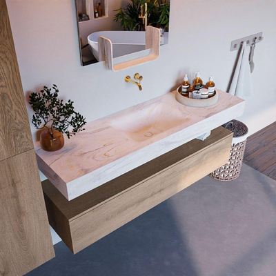 Mondiaz ALAN-DLUX Ensemble de meuble - 150cm - meuble Washed Oak mat - 1 tiroir - Lavabo Cloud Ostra suspendu - vasque Centre - 0 trous de robinet