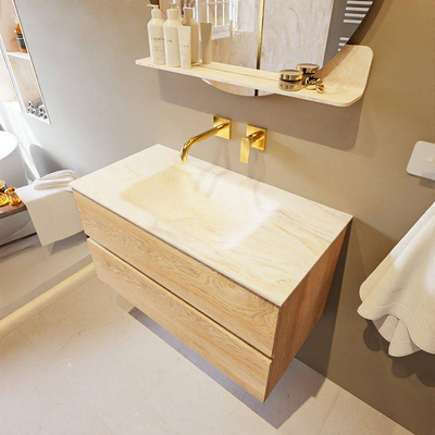 Mondiaz VICA-DLUX ensemble de meuble de salle de bain - 90cm - meuble sous-vasque chêne blanchi - 2 tiroirs - lavabo encastré cloud milieu - sans trous de robinet - miroir modèle spot - version XL 60cm de haut - ostra