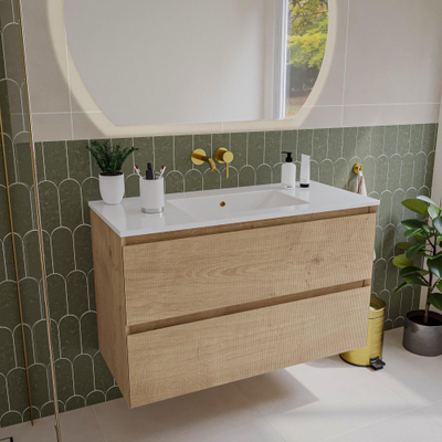 Saniclass Holz Atelier Meuble de salle de bain - 100x45x60cm - lavabo en céramique blanc - 1 vasque - sans trous de robinet - 2 tiroirs - Chêne Natural