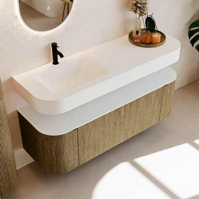 MONDIAZ THOR 140cm meuble de salle de bains arrondi gauche + droite couleur Dusk avec 1 tiroir et 2 portes. Vasque suspendue CLOUD Gauche 1 trou de robinet couleur Talc.