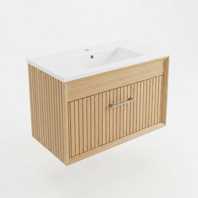 Saniclass Holz Pure Ensemble meuble de salle de bains - 140x45x63cm - Plan en pierre naturelle travertin - 2 trous de robinetterie - 4 tiroirs - chêne natural mat (bois)