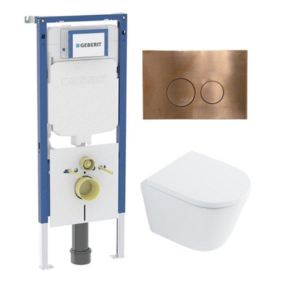 QeramiQ Dely Toiletset - 36.3x51.7cm - diepspoel - rimless - Geberit UP720 inbouwreservoir - softclose toilet zitting - 35mm - koperen bedieningsplaat - ronde knoppen - met Burda frame - glans wit