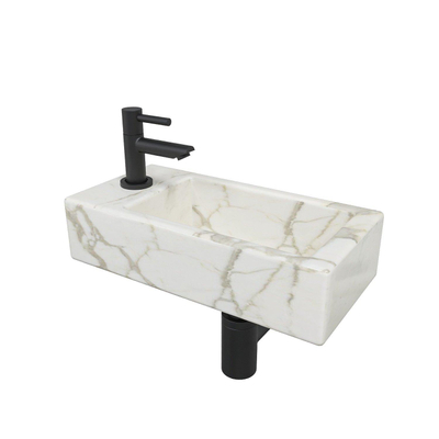 Wiesbaden Mini-Rhea Links fonteinset 36x18x9cm Carrara marmerlook wit incl. Amador fonteinkraan zwart mat