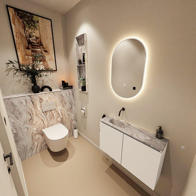 MONDIAZ TURE-DLUX Meuble toilette - 80cm - Talc - EDEN - vasque Glace - position gauche - sans trou de robinet