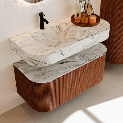 MONDIAZ THOR-DLUX 100cm meuble de salle de bains arrondi gauche + droite couleur Ruby avec 1 tiroir et 2 portes. Vasque suspendue CLOUD Gauche 1 trou de robinet couleur Glace.