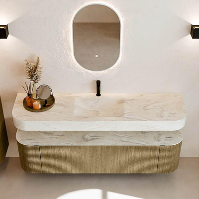 MONDIAZ THOR-DLUX 170cm meuble de salle de bains arrondi gauche + droite couleur Dusk avec 1 tiroir et 2 portes. Vasque suspendue CLOUD Milieu 1 trou de robinet couleur Ostra.