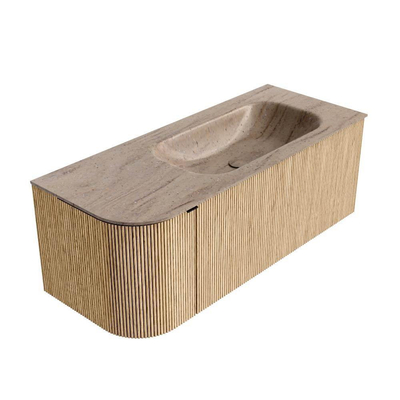 MONDIAZ KURVE-DLUX 115cm badmeubel ronding Links kleur Oak met 1 lade en 1 deur. Wastafel BIG SMALL Rechts zonder kraangat Saba.