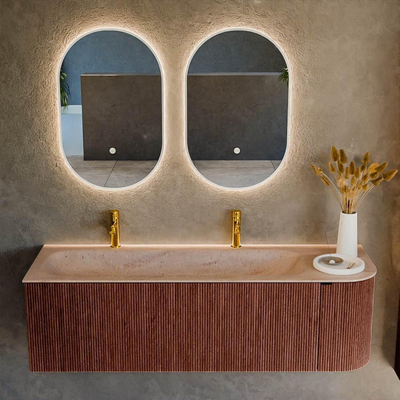 MONDIAZ KURVE-DLUX 145cm badmeubel ronding Rechts kleur Ruby met 1 lade en 1 deur. Wastafel BIG LARGE Links 2 kraangaten Saba.