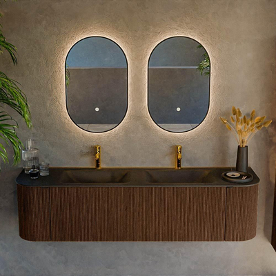 MONDIAZ KURVE 170cm badmeubel met module 25 Len R kleur Walnut met 1 lade en 2 deuren. Wastafel CLOUD dubbel 2 kraangaten Urban.