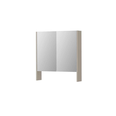INK SPK3 Armoire de toilette avec miroir - 70x14x74cm - 2 portes - miroir double face - tablette ouverte - interrupteur et prise - MDF laqué gris cachemire mat