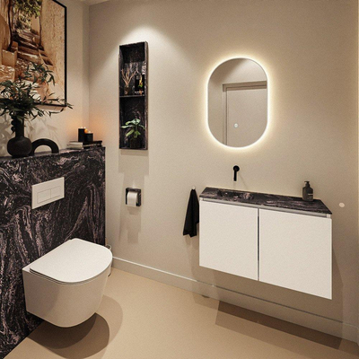 MONDIAZ TURE-DLUX Meuble toilette - 80cm - Talc - EDEN - vasque Lava - position gauche - sans trou de robinet