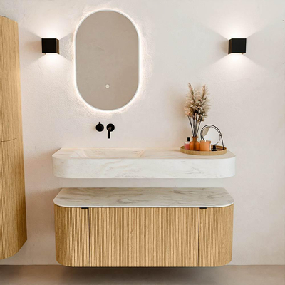 MONDIAZ THOR-DLUX 120cm badmeubel ronding links + rechts kleur Oak met 1 lade en 2 deuren. Vrijhangende wastafel CLOUD Links zonder kraangat kleur Ostra.