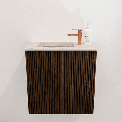 Mondiaz JOYA-DLUX 40cm toiletmeubel - kleur Walnut - Wastafel FAYE positie Links 1 kraangat kleur Nata.