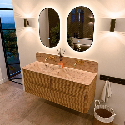 Mondiaz CIRO-DLUX Badkamermeubelset - 130x45x50cm - Solid surface wastafel Arena - 2 wasbak Dubbel - zonder kraangaten - 4 lades - Oak