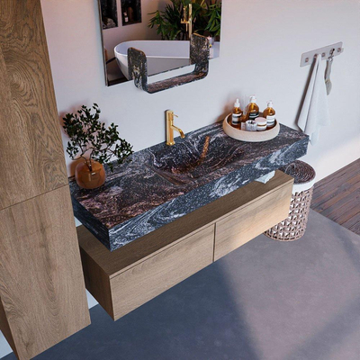 Mondiaz ALAN-DLUX Ensemble de meuble - 130cm - meuble Washed Oak mat - 2 tiroirs - Lavabo Cloud Lava suspendu - vasque Centre - 1 trou de robinet