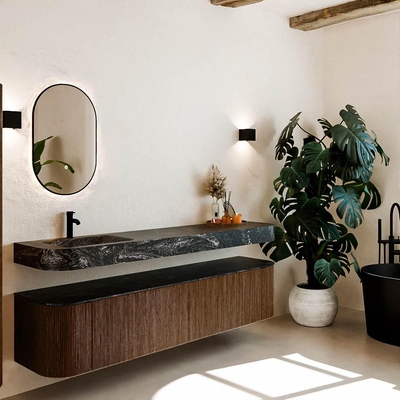 MONDIAZ THOR-DLUX 200cm meuble de salle de bains arrondi gauche + droite couleur Walnut avec 2 tiroirs et 2 portes. Vasque suspendue CLOUD Gauche 1 trou de robinet couleur Lava.