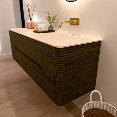 Mondiaz CIRO-DLUX Ensemble de meubles de salle de bains - 150x45x50cm - vasque solid surface Meli - 1 vasque à droite - sans trous de robinet - 4 tiroirs - Shadow