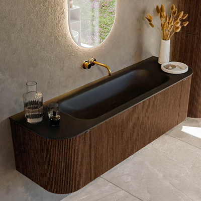 MONDIAZ KURVE 150cm badmeubel met module 25 Len R kleur Walnut met 1 lade en 2 deuren. Wastafel BIG MEDIUM midden zonder kraangat Urban.