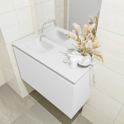MONDIAZ OLAN Toiletmeubel 80x30x40cm met 0 kraangaten 1 lades talc mat Wastafel Lex links Solid Surface Wit