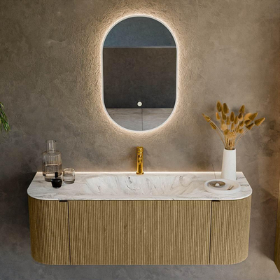 Mondiaz KURVE-DLUX Ensemble de meubles de salle de bains - 130x46x40cm - 1 tiroir - 2 portes - lavabo solid surface - central - 1 trou de robinet - Dusk