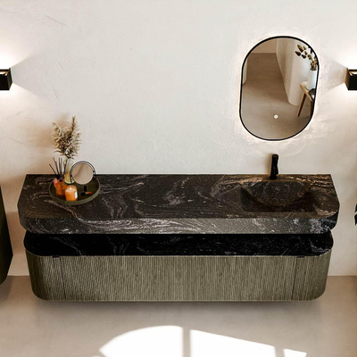 MONDIAZ THOR-DLUX Meuble de salle de bains 200cm arrondi gauche + droite couleur Shadow avec 2 tiroirs et 2 portes. Vasque suspendue CLOUD Droite 1 trou de robinet couleur Lava.