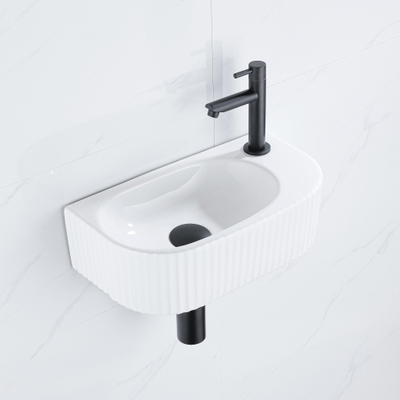 Fugaflow Efficiente Ensemble Fontaine Pietra - 40x21,5x12 cm - droite - rainurée - demi-ronde - 1 trou de robinet - céramique - robinet de fontaine noir mat - bouchon de vidange - siphon abaissé - blanc brillant