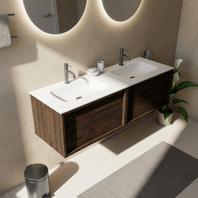 Saniclass Holz Frame Ensemble de meubles de salle de bains - 140x45x41.5cm - lavabo Flow en solid surface blanc - 2 vasques - 2 trous de robinetterie - 2 tiroirs - chêne charcoal mat (bois)